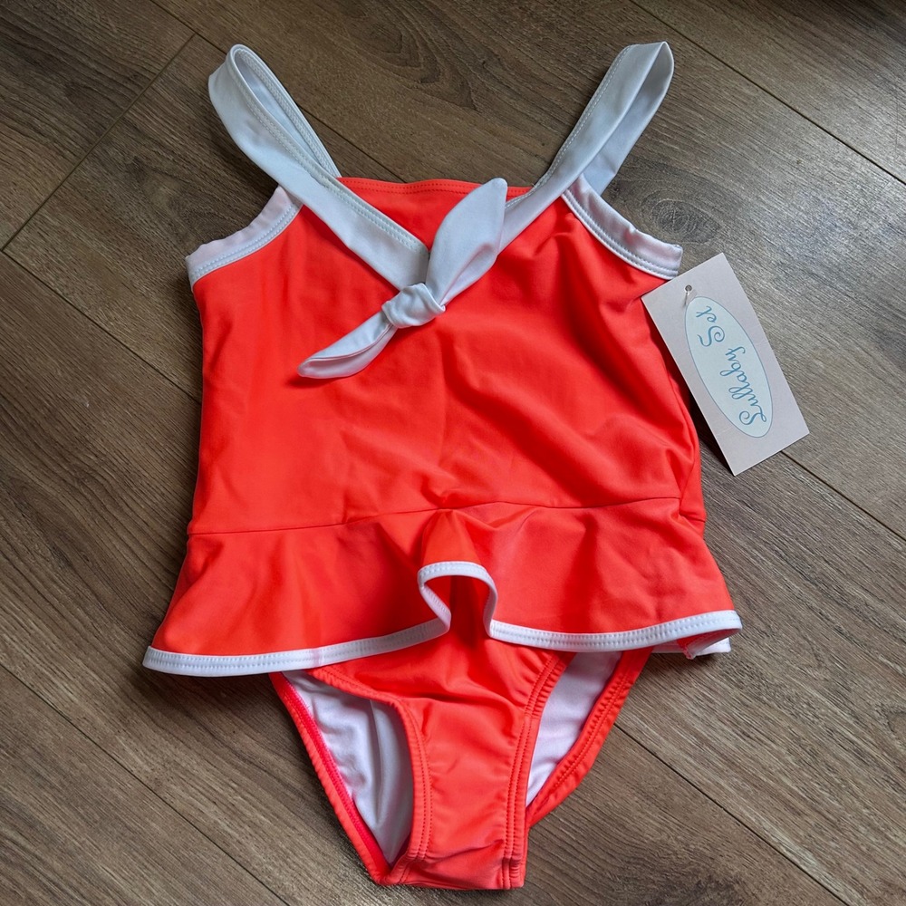 Lullaby Set Girls Coral Orange White Ruffle One Piece Swimsuit Size 7 C-950A NEW